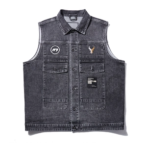 Men's Heavy Embroidery Denim Vest Loose Fit Washed Cotton Blend Sleeveless Jacket Tiger Head Streetwear Casual Waistcoat