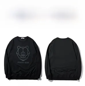 Front and back view of black crewneck sweatshirt with reflective geometric bear print