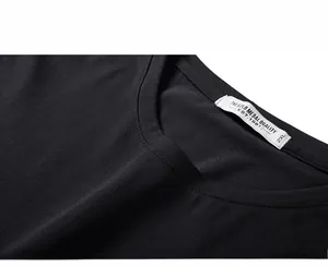 Close-up of crew neck detailing and premium cotton texture on a black graphic t-shirt