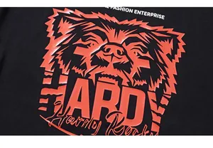 Detail of red cartoon bear graphic and Hardy Rocker lettering on black cotton t-shirt