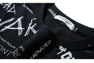 Close-up of 4XL black crewneck sweatshirt with white graffiti print and ribbed neckline