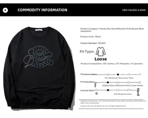 Detail of oversized black sweatshirt featuring laser reflective print and fabric specs