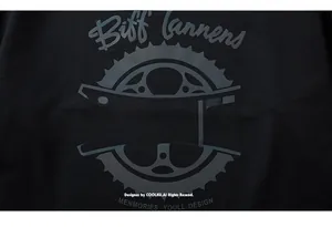 Macro shot of vintage Super Bike gear print on black cotton oversized hoodie