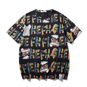 T-Shirt Grande Taille pour Hommes Été Mélange de Coton Noir Manches Courtes Streetwear Graffiti Lettre Ours Imprimé Casual