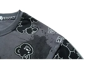 Close-up of 4XL dark grey sweatshirt neckline featuring detailed bear print and textures