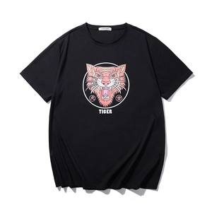 Men's oversized black T-shirt with a stylish cartoon tiger graphic and Chinese characters