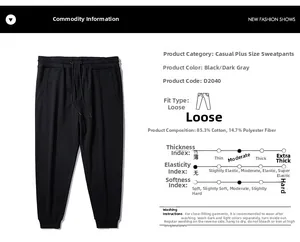 Detail of loose fit black joggers showing 85.3% cotton and 14.7% polyester fabric info