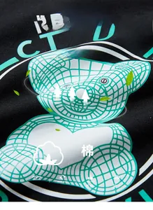 Close-up of bear graphic print on black 95% cotton fabric showing knit texture