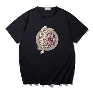 Loose fit black cotton T-shirt for men with stylish tiger graphic and crew neck design