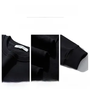 Detail shot of black sweatshirt neckline, ribbed cuffs, and high-quality fabric stitching