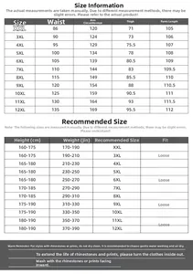 Size chart for men's plus size joggers from XXL to 12XL with detailed measurements