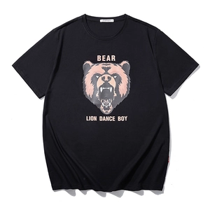 Men's loose black cotton t-shirt featuring cartoon bear head graphic and white text print