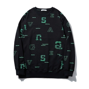 Men Fashion Oversized Sweatshirt Cotton Blend Green Letter Print Crewneck Long Sleeve Black Pullover Streetwear Casual Top