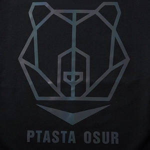 Black oversized hoodie with reflective geometric bear print and PTASTA OSUR graphic