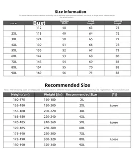 Detailed size chart for men's plus size long sleeve T-shirts from XL to 9XL with measurements