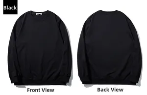 Flat lay of black crewneck sweatshirt showing front and back views on white background