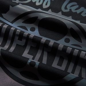 Black oversized hoodie with colorful laser reflective print and SUPER BI graphic