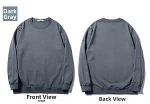 Front and back view of dark grey crewneck sweatshirt with ribbed cuffs and hem