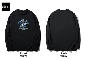 Flat lay of black long-sleeve T-shirt with vintage letter print on front and back view
