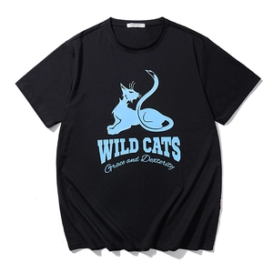 Men's loose black cotton t-shirt with light blue wild cats silhouette graphic print