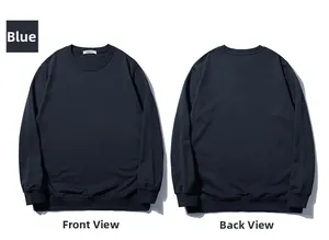Flat lay of navy blue crewneck sweatshirt showing both front and back views with ribbed cuffs