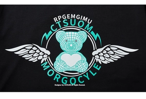 Detail of bear print with wings and grid texture on a black long-sleeve cotton T-shirt