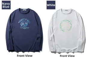 Détails des t-shirts à manches longues bleu marine et blanc avec imprimé rétro graphique