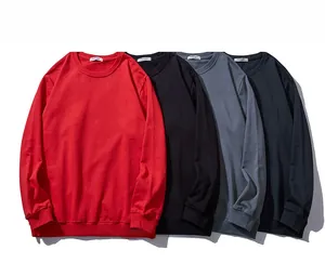 Flat lay of men's crewneck sweatshirts in red, black, grey, and navy blue colors