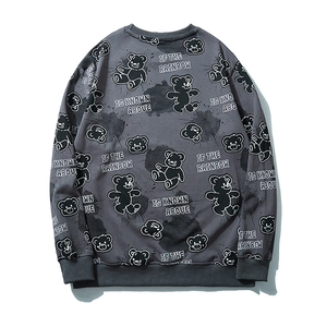 Loose dark grey sweatshirt with cartoon bear all-over print and ribbed trim detailing