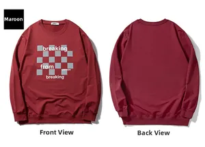 Front and back views of burgundy cotton sweatshirt with checkerboard and letter print