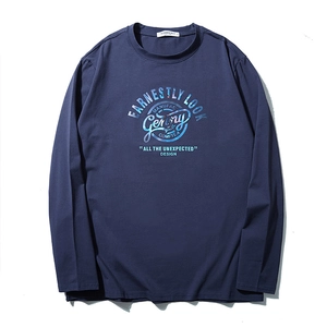 Men's Plus Size Long Sleeve Crew Neck T-Shirt Retro Starry Letter Print Cotton Casual Sanded Printed Base Top