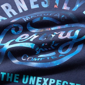 Dark blue long sleeve cotton T-shirt with premium galaxy letter print and ribbed texture