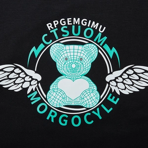 Men's long sleeve T-shirt with tech bear and wings print on black cotton fabric