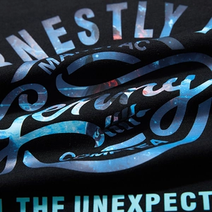 Men's black long sleeve T-shirt with blue galaxy print and honestly graphic text
