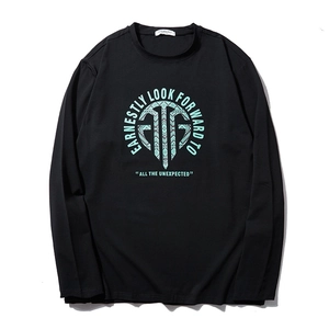 T-shirt noir à manches longues pour homme avec logo géométrique et col rond tendance