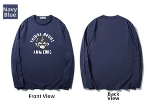 Vista fronte e retro della maglietta a maniche lunghe blu navy con stampa di scimmia e testo