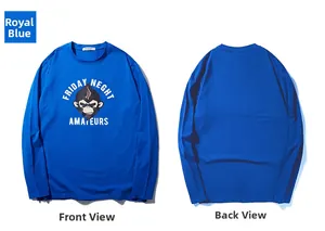 Vista fronte e retro della maglietta a maniche lunghe in cotone blu con stampa scimmia