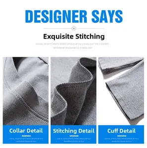 Detail view of smooth crew neck collar and durable double-stitch seams on gray t-shirt