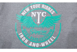 Close-up of vintage NYC 1967 eagle graphic print on gray long sleeve cotton t-shirt
