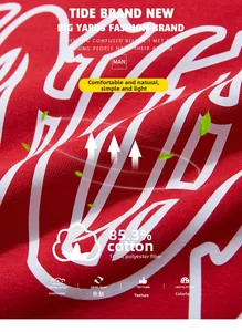 Close-up of red knit fabric with white street-style print and 85.3% cotton texture