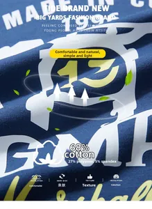 Detail of fabric blend 68% cotton 27% polyester and printed pattern on navy sweatshirt