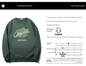 Detail view of dark green sweatshirt fabric composition and text print specifications