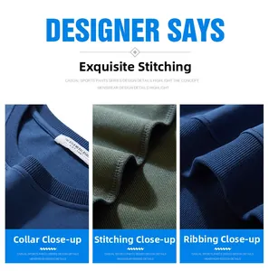Detailed close-up of ribbed crewneck and precision double-stitch sewing on sweatshirt