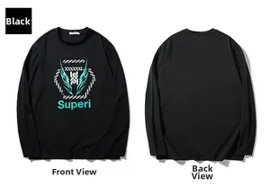 Front and back view of a black long-sleeve T-shirt with teal wing and letter prints