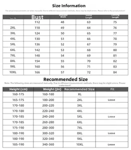 Detailed size chart for oversized men's hoodies from XL to 10XL with weight recommendations