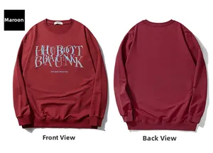 Front and back detail of maroon oversized crewneck sweatshirt with blue letter print