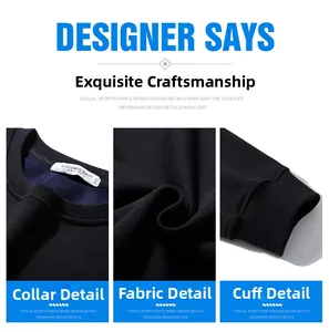 Detailed views of the ribbed crewneck, thick cotton fabric, and cuffs on black sweatshirt