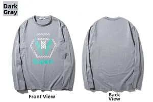 Front and back view of a dark gray long-sleeve crewneck T-shirt with graphic print