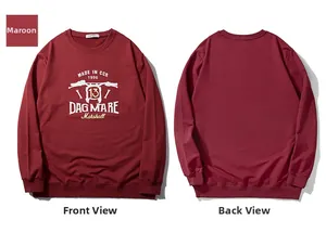 Front and back view of men's burgundy sweatshirt with vintage motorcycle graphic print