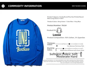 Detail view of cotton-spandex blue long sleeve T-shirt with ONE print and size specifications